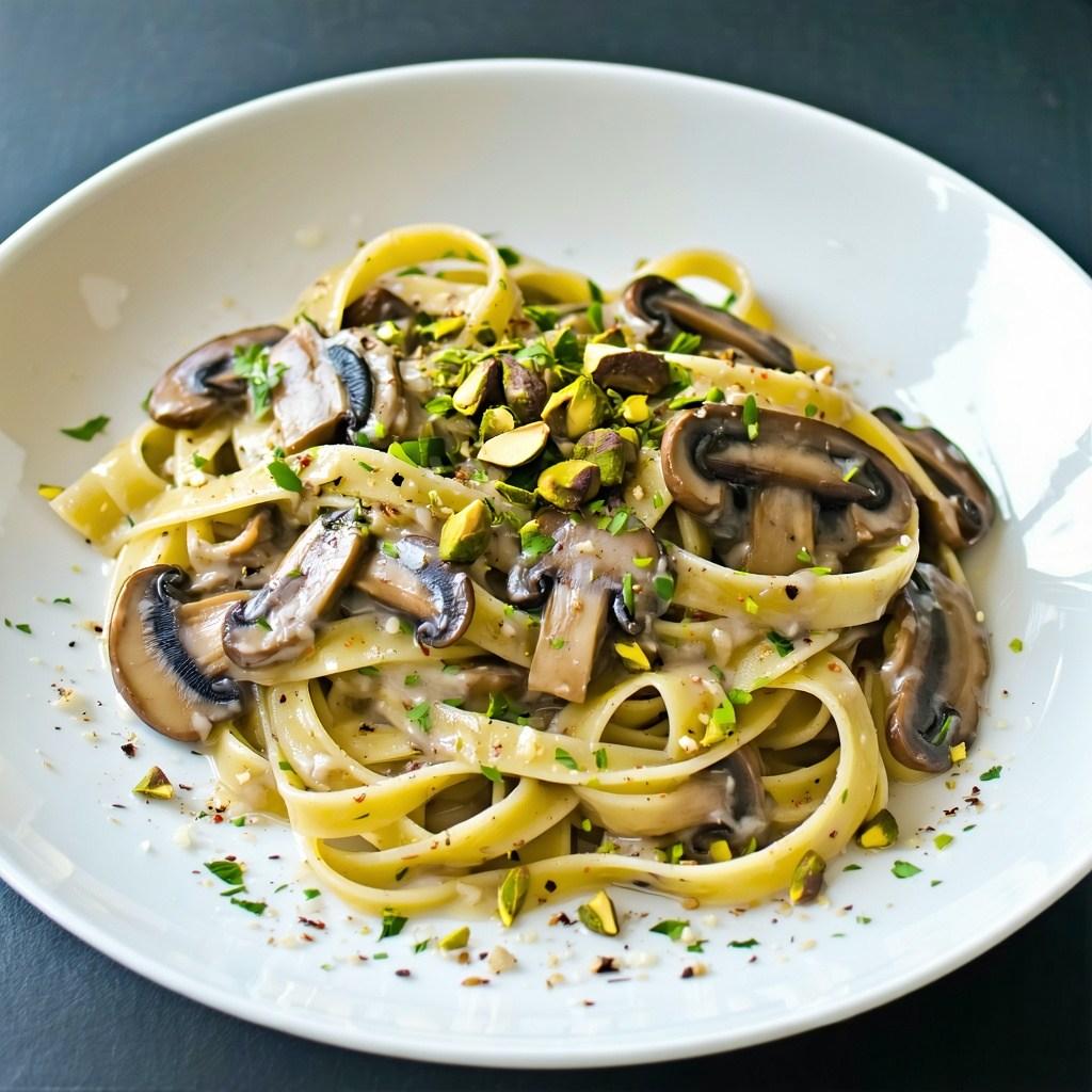 A bowl of mushroom pistachio pasta with earthy mushrooms, crushed green pistachios, and a velvety cream sauce