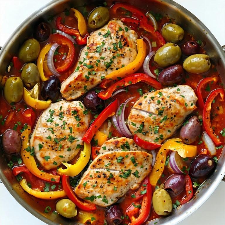 A one-pan bake of chicken thighs, olives and chorizo with colourful vegetables
