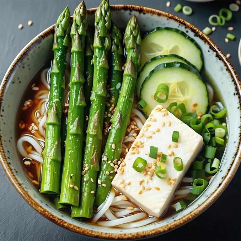 A bowl of soba noodles with asparagus, silken tofu and a ginger dressing
