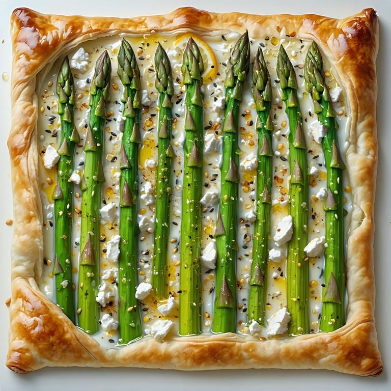 A golden puff pastry tart topped with crisp asparagus spears and creamy whipped feta on a baking tray
