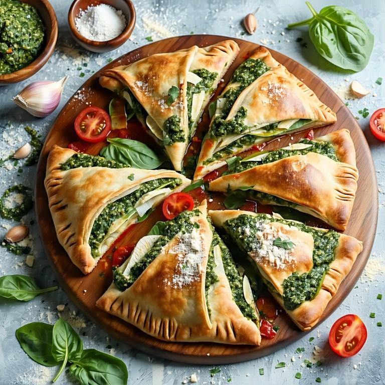 A golden baked calzone cut open to show melted mozzarella, spinach and pesto