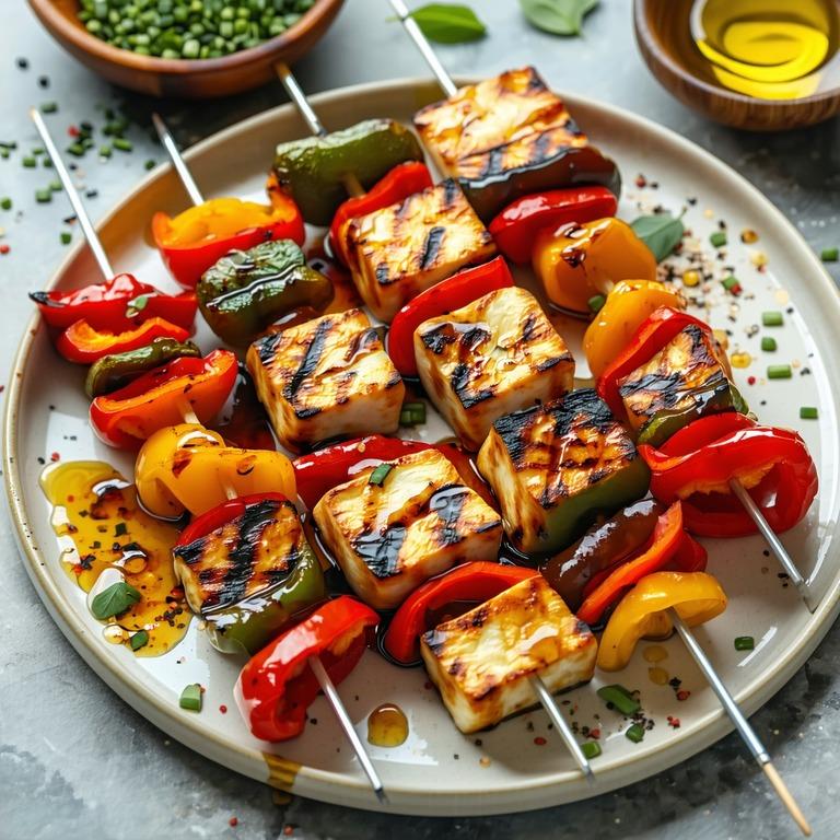 Grilled golden halloumi and colourful pepper skewers on a plate, drizzled with herb dressing