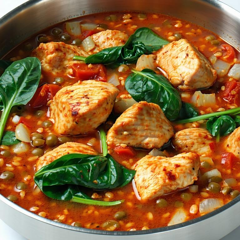 A spiced curry of chicken and red lentils with spinach and basmati rice
