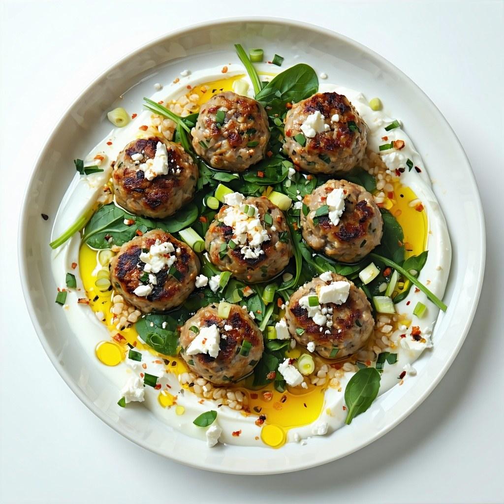 Turkey and feta meatballs over lemony mixed grains with courgette yogurt