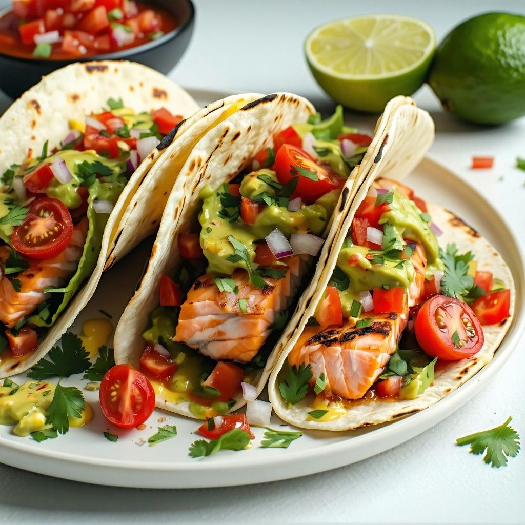 Three spicy chipotle salmon tacos in corn tortillas with vibrant salsa and lime wedges on a wooden board