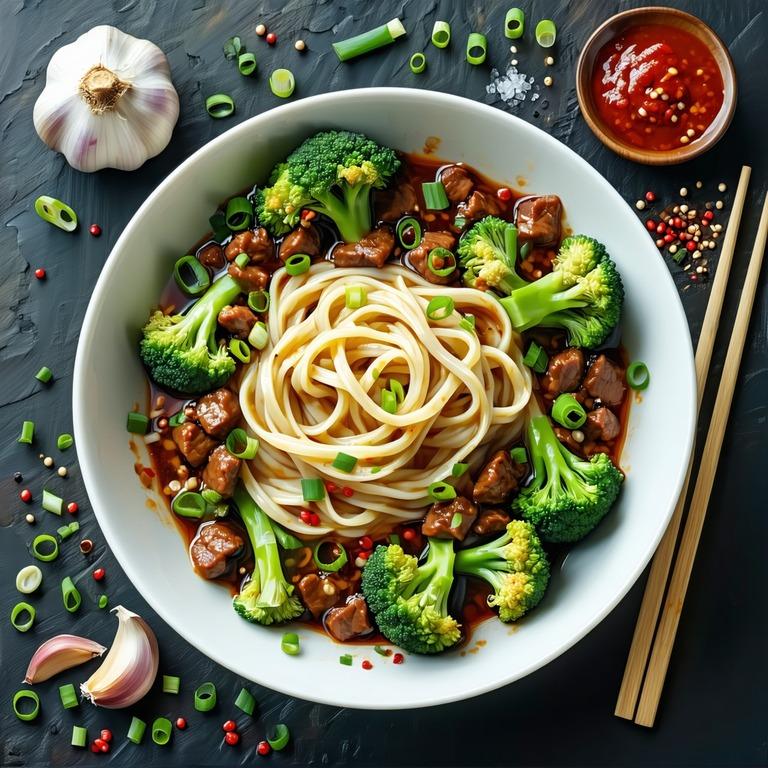 A bowl of spicy beef noodles with crispy beef slices, tender broccoli florets, and a glossy chilli sauce