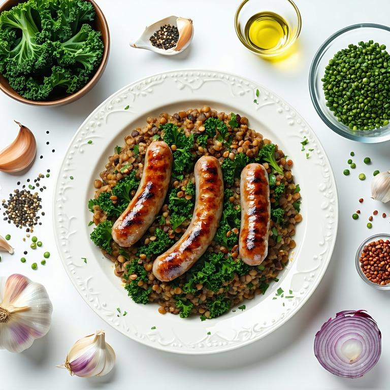A skillet of browned sausages with lentils and crispy kale