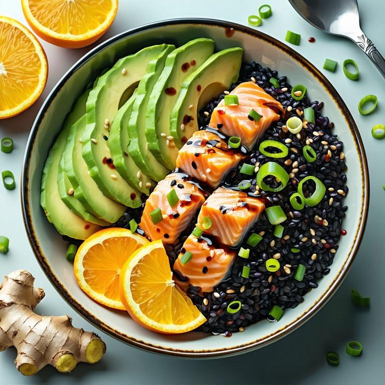 A wide white bowl of deep black rice topped with pink salmon and vibrant orange citrus segments with sesame-soy dressing