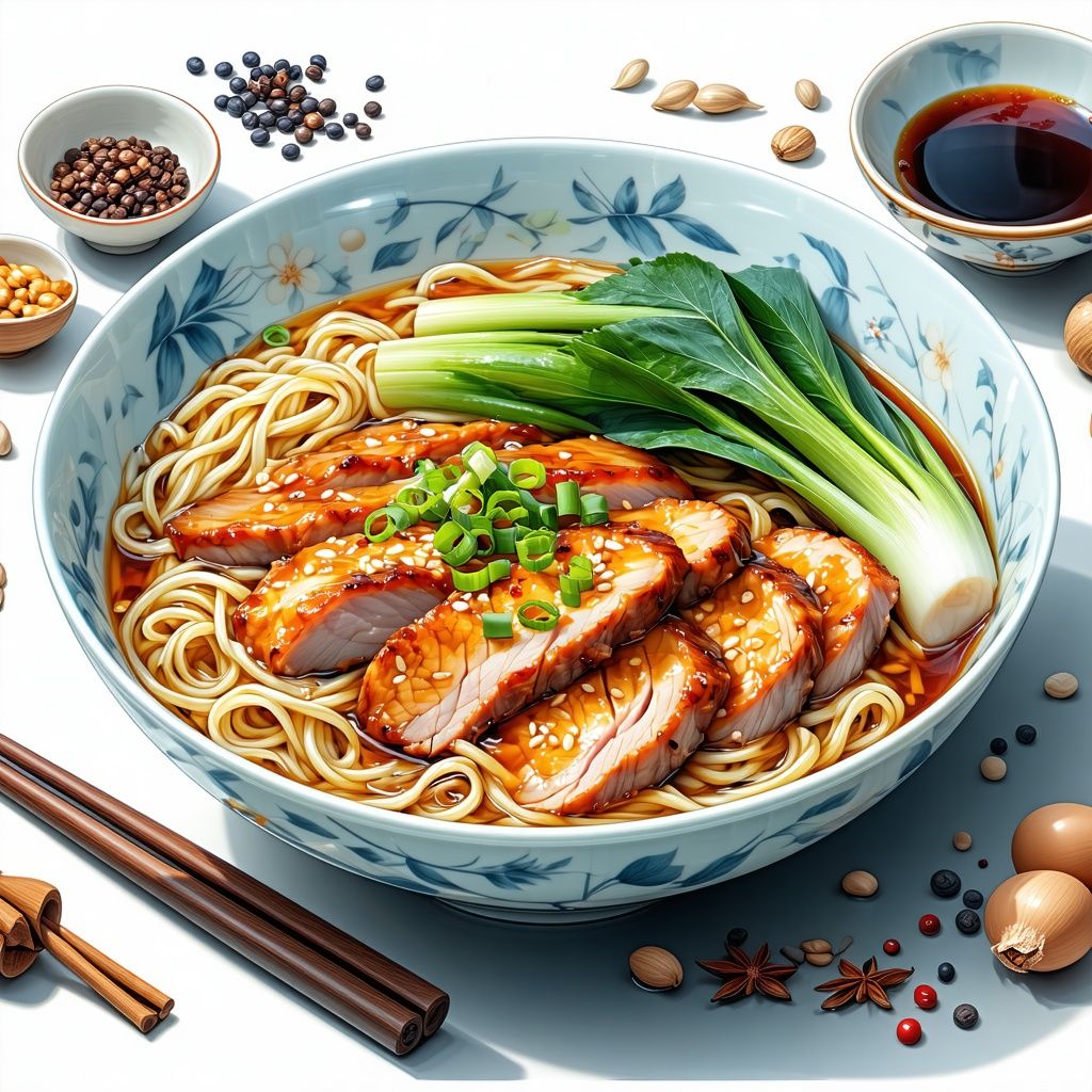 Glazed duck breast sliced over egg noodles with pak choi