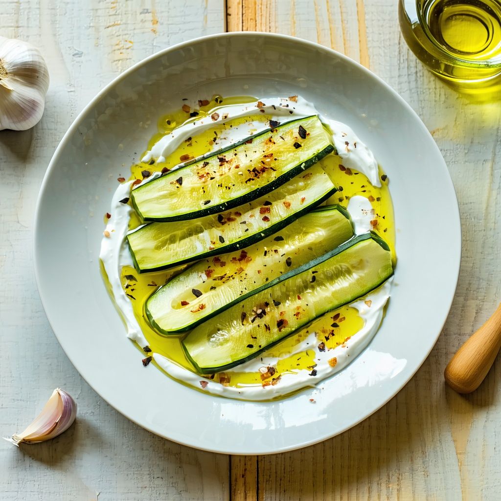 Roasted courgettes on a swirl of lemon garlic yogurt drizzled with olive oil.
