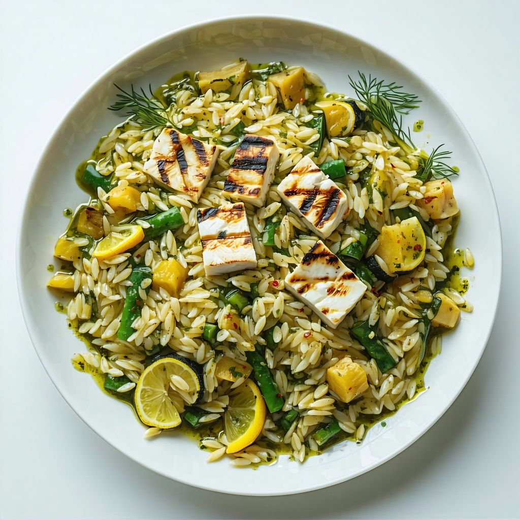 A bowl of zesty orzo pasta with grilled golden halloumi, fresh herbs, and lemon-dressed vegetables