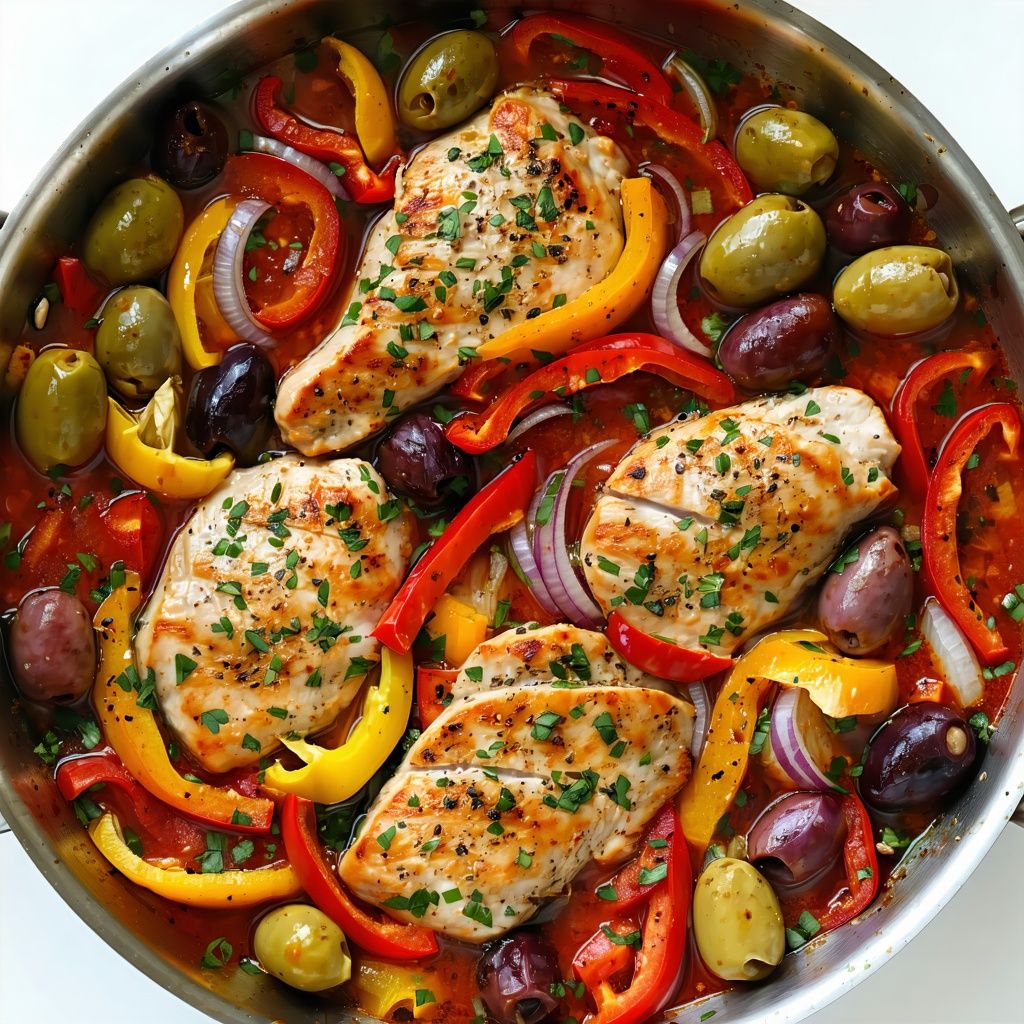 A one-pan bake of chicken thighs, olives and chorizo with colourful vegetables