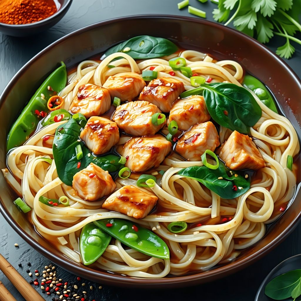 Stir-fried ginger soy chicken with egg noodles and vegetables