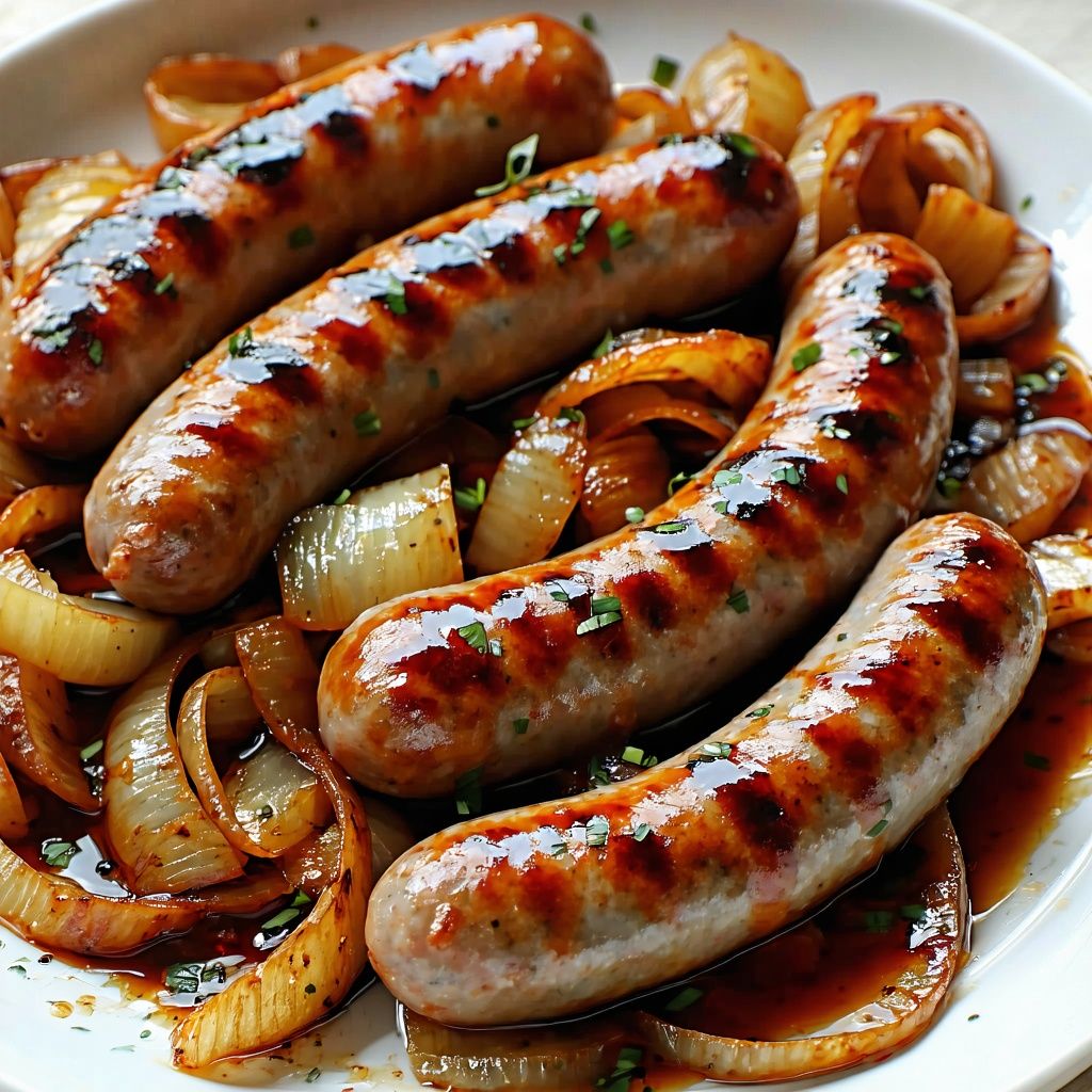 Harissa-glazed sausages on a bed of caramelised onions.
