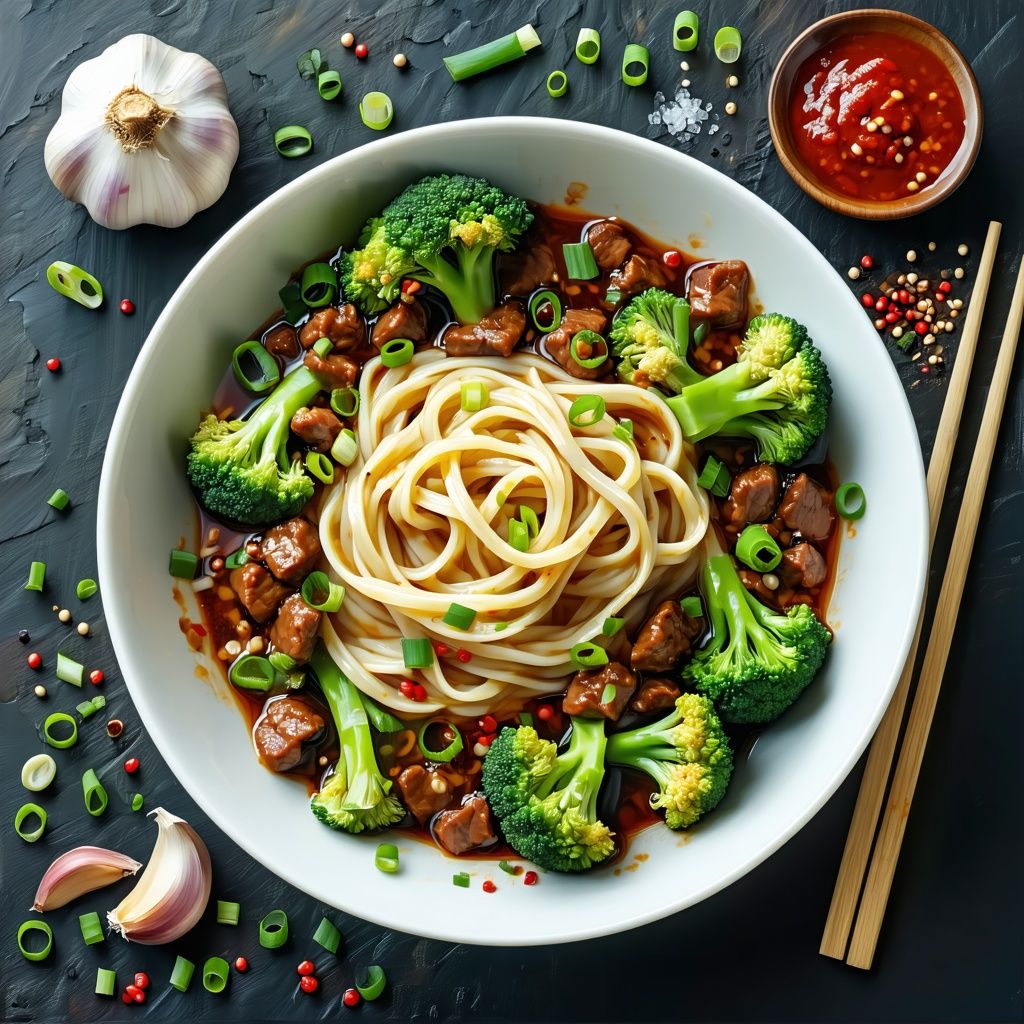 A bowl of spicy beef noodles with crispy beef slices, tender broccoli florets, and a glossy chilli sauce