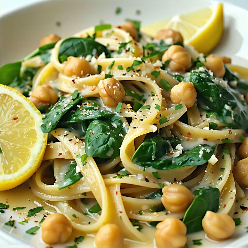 A bowl of creamy chickpea pasta with wilted spinach