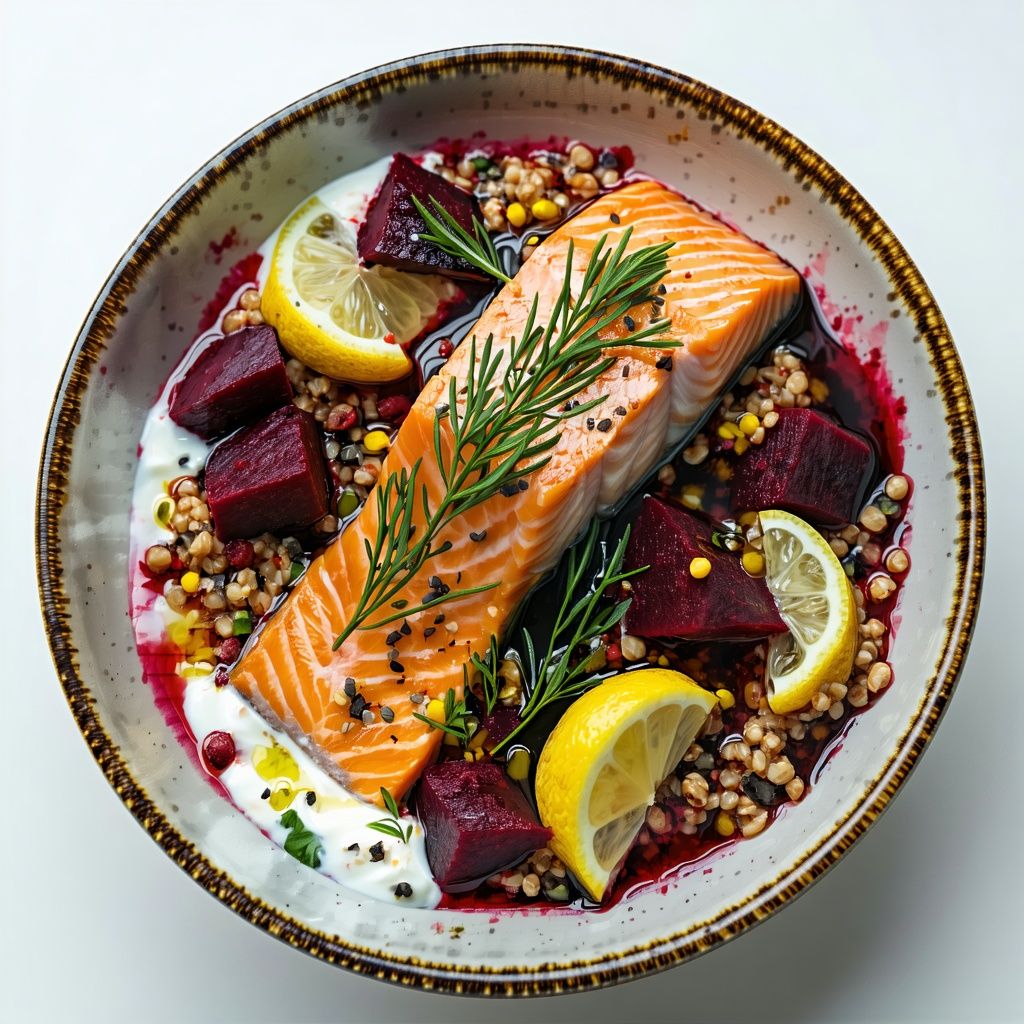 A citrus salmon bowl with beetroot and buckwheat