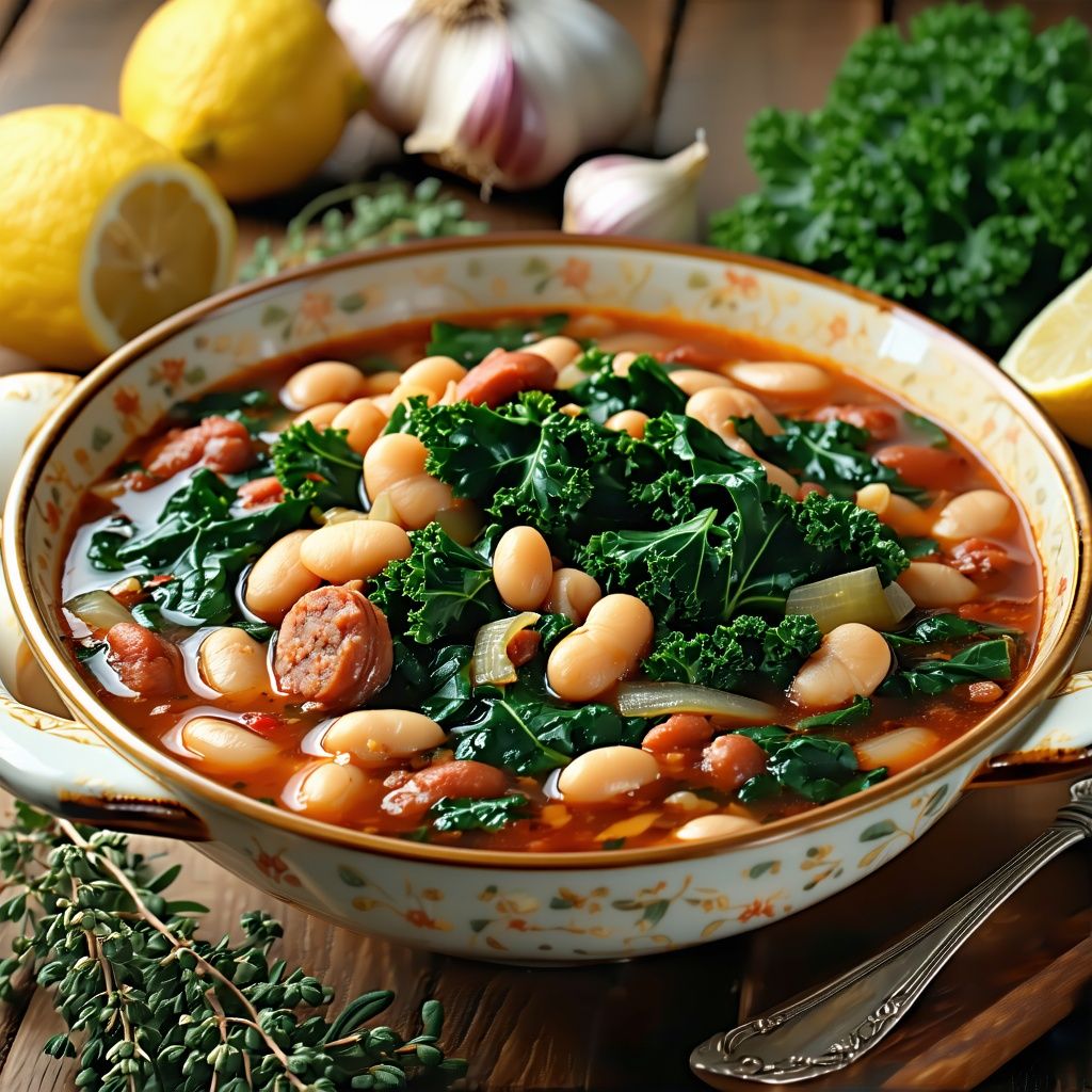 A hearty bean and sausage stew with kale in a Dutch oven