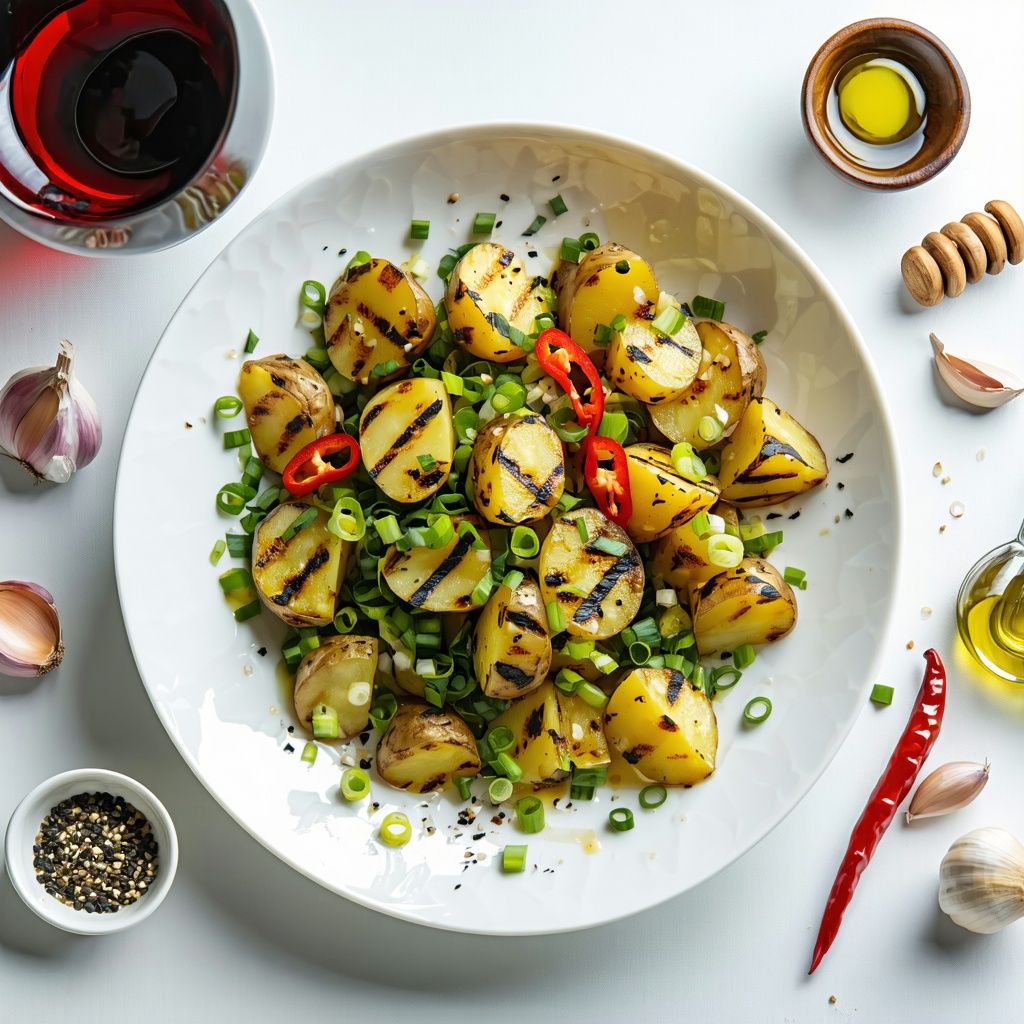 Smoky grilled potato salad with garlic and chilli dressing.