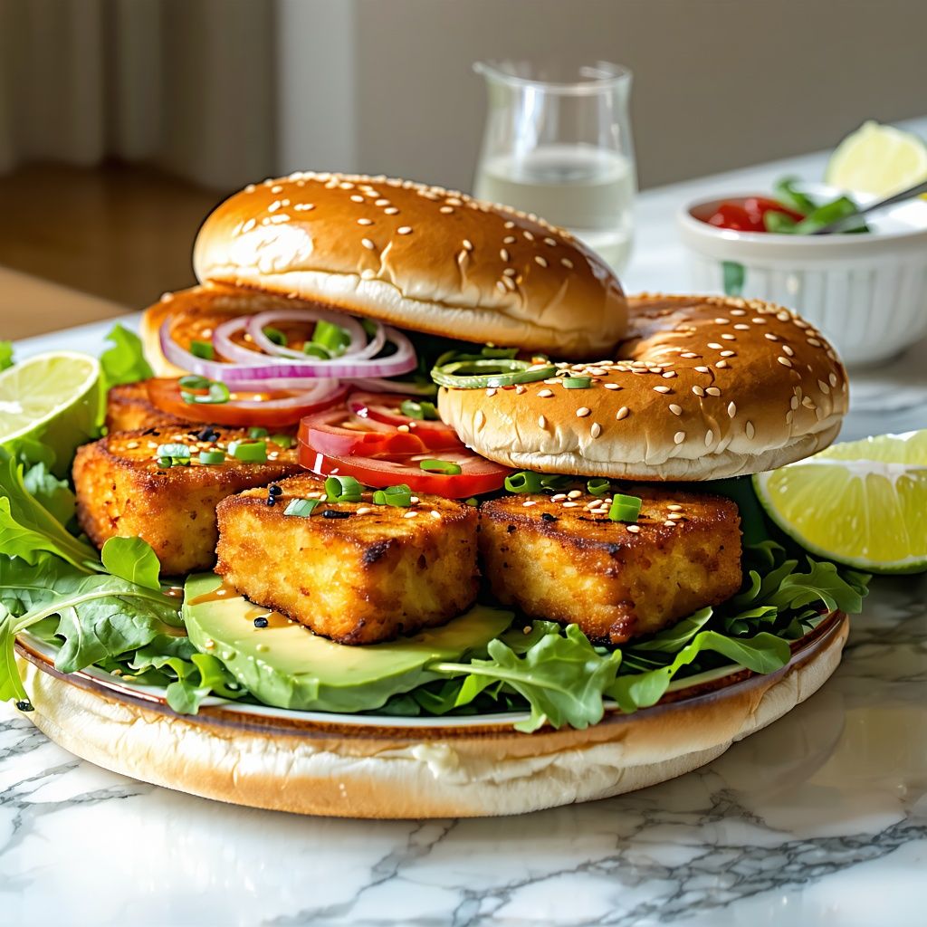 Crispy sesame tofu burgers with avocado spread in soft rolls.
