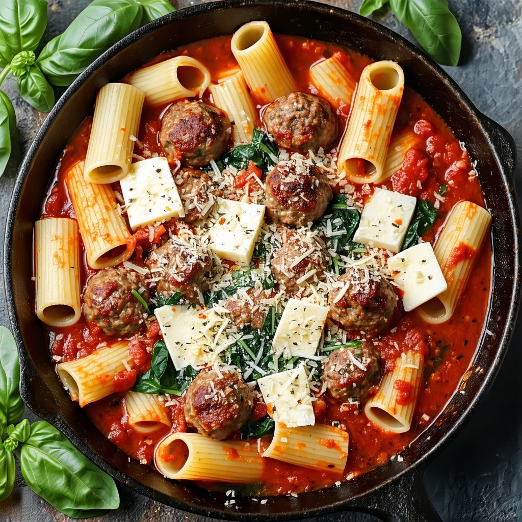 A baked dish of meatball rigatoni topped with melted mozzarella