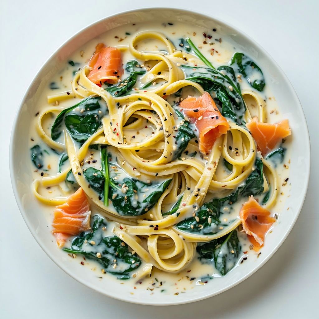 Smoked salmon linguine in a creamy sauce with wilted spinach