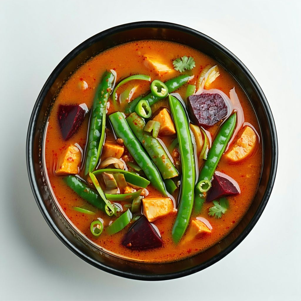 A vibrant pink beetroot and coconut curry with green beans