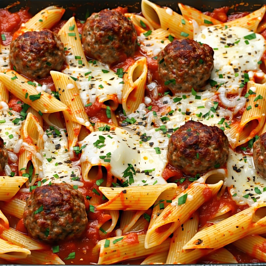 A baked dish of meatball penne pasta topped with melted mozzarella