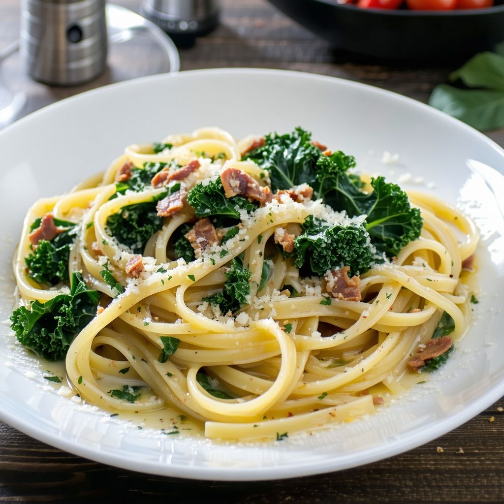 Bucatini pasta with kale, anchovy sauce and crispy breadcrumbs