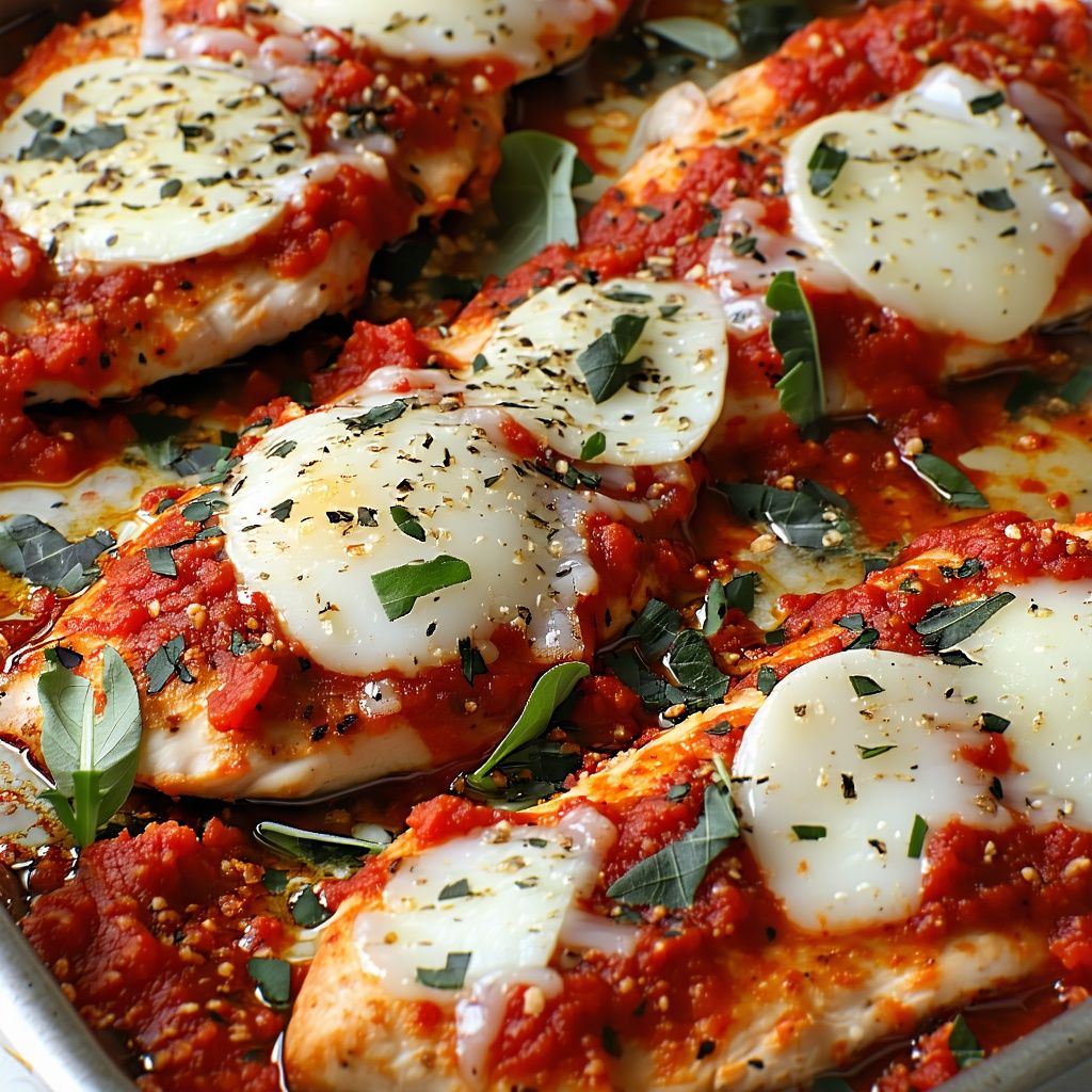 A golden baked chicken breast topped with rich tomato sauce and bubbling melted cheese on a white plate
