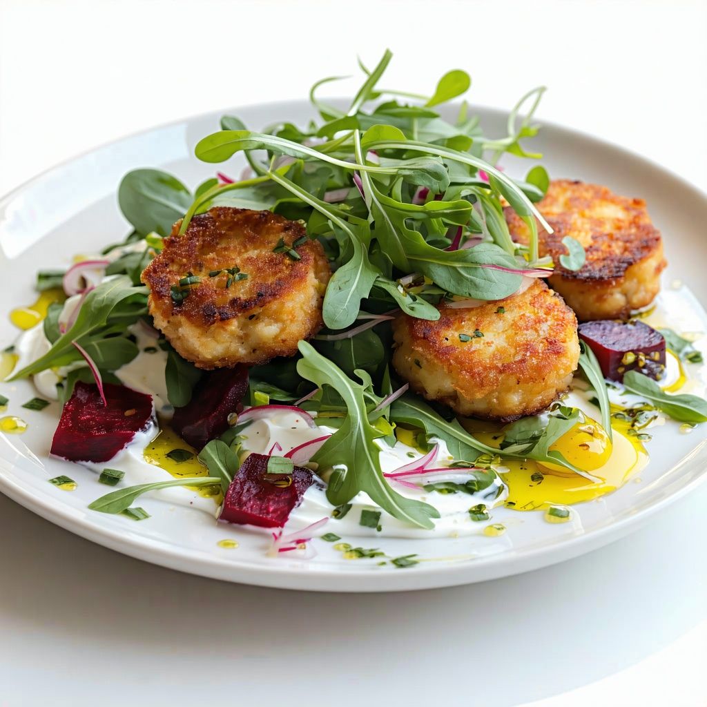 Sweet potato fish cakes served with a beetroot and watercress salad.