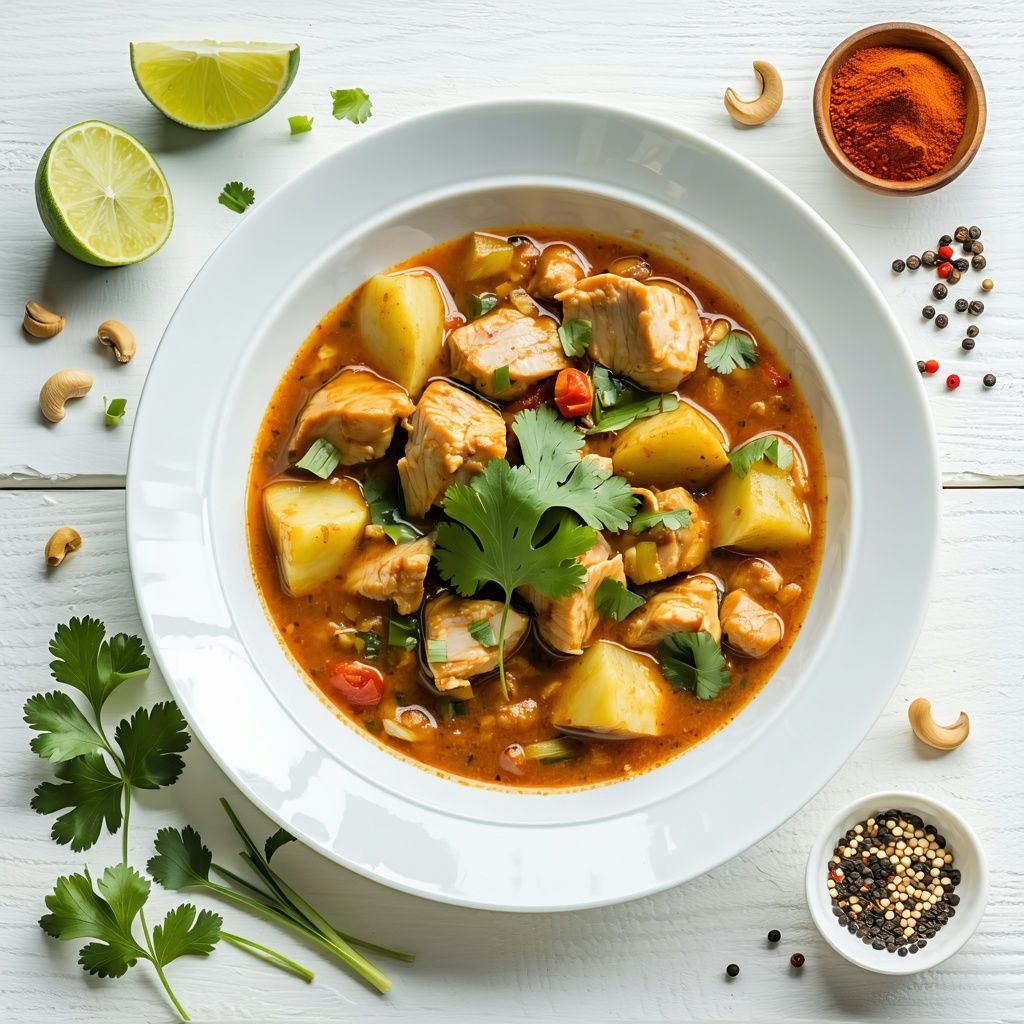 Bowl of Thai chicken curry with coconut milk and rice