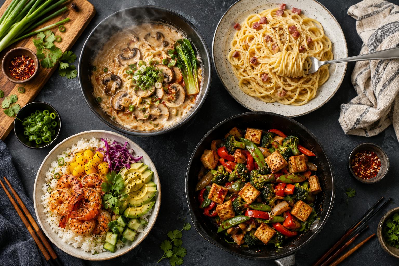 A collection of quick 30-minute dinner dishes including spicy prawn pasta, tofu stir-fry and a mango prawn rice bowl on a kitchen counter