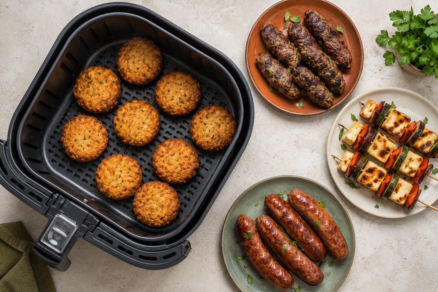 Open air fryer basket with crispy fish cakes next to koftas, halloumi skewers and sausages on the counter