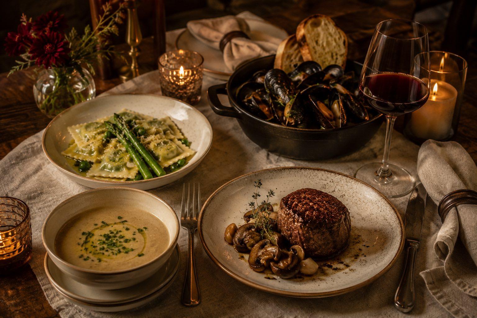 Intimate candlelit table for two with mussels, ravioli, soup and steak