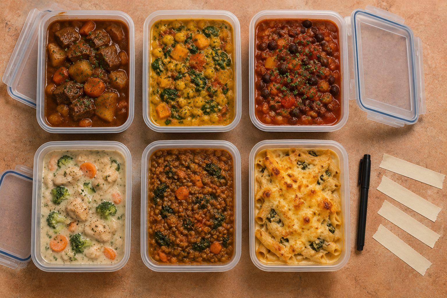 Freezer containers filled with stews, curry and pasta bake ready for batch cooking