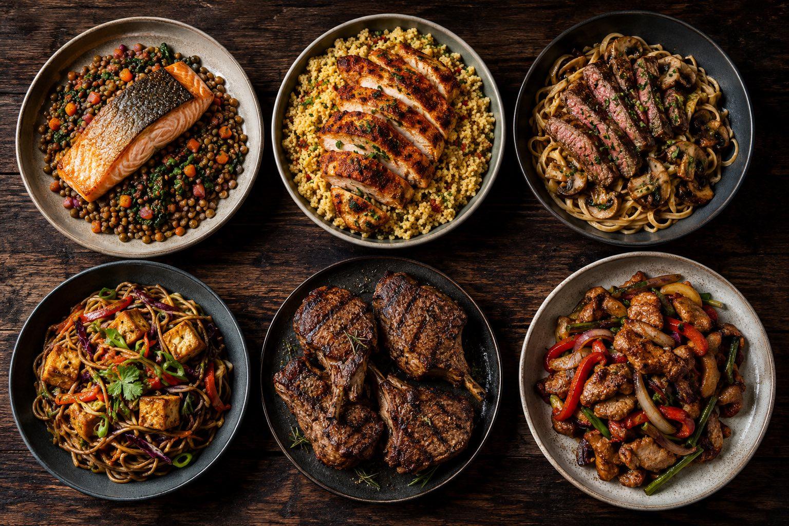 Overhead spread of six high protein dinners including salmon, chicken, steak pasta, tofu, lamb and pork