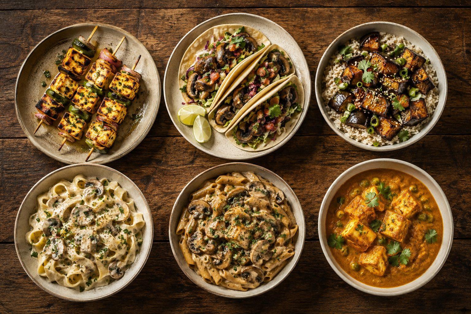 Overhead spread of six vegetarian dinners including halloumi skewers, mushroom tacos, aubergine bowl and pasta dishes