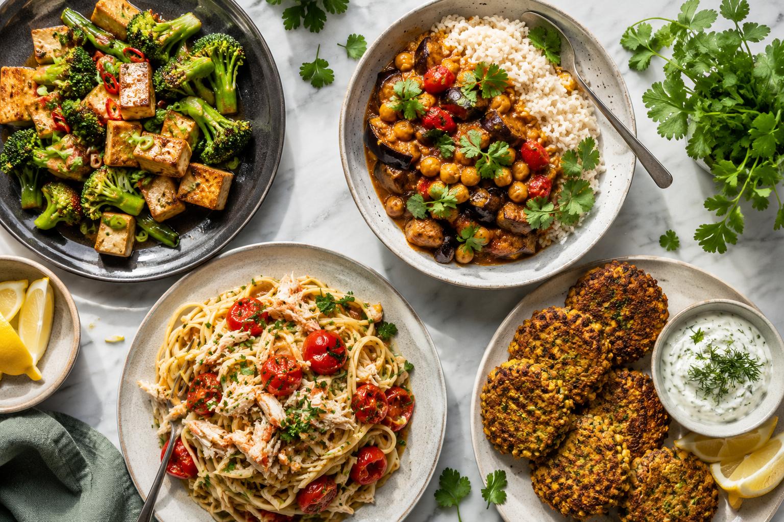 Overhead view of several healthy under-500-calorie dinners including tofu stir-fry, veggie curry, crab linguine and lentil fritters.