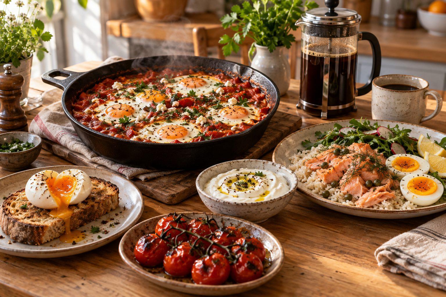 A cooked breakfast of eggs, smoked fish and grilled tomatoes on a kitchen table
