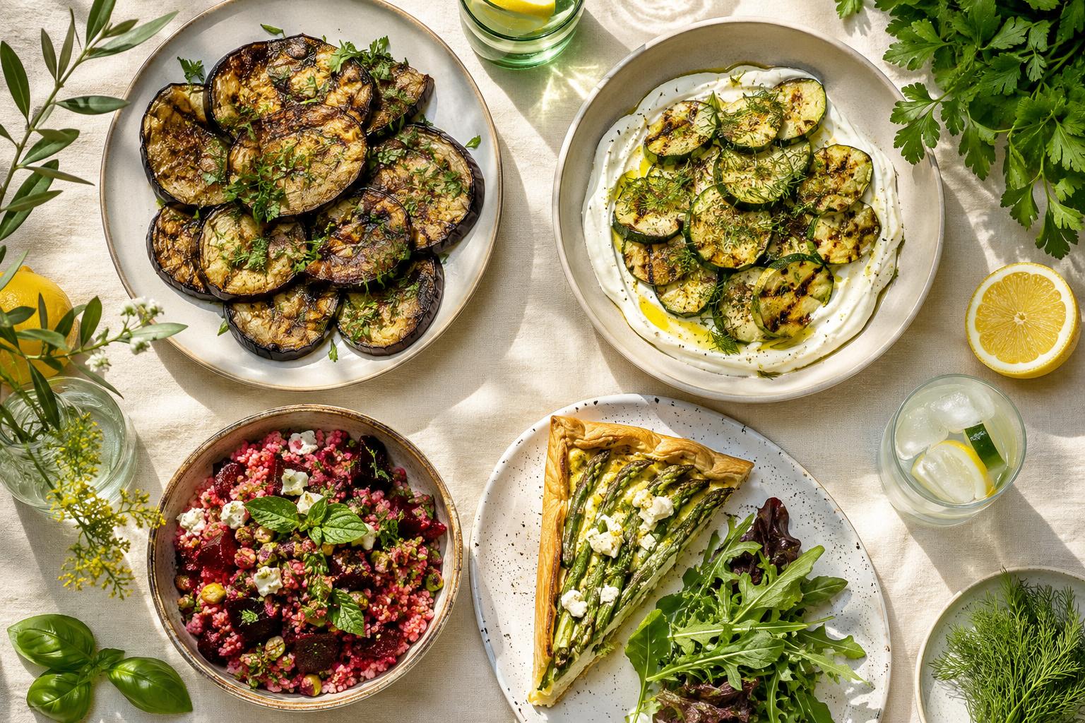 Overhead flat-lay of a light summer lunch spread with aubergine, roasted courgettes, an asparagus feta tart and beetroot couscous salad.