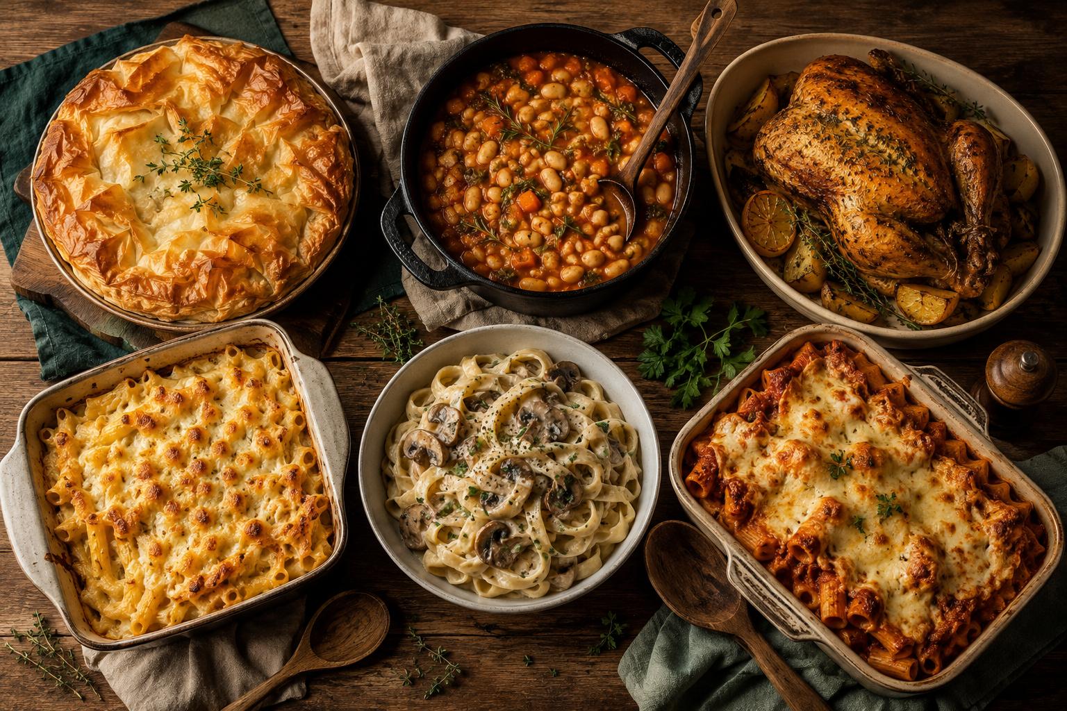 Overhead flat lay of six cosy comfort food dinners including a filo pie, bean stew, roast chicken and pasta bakes on a wooden table