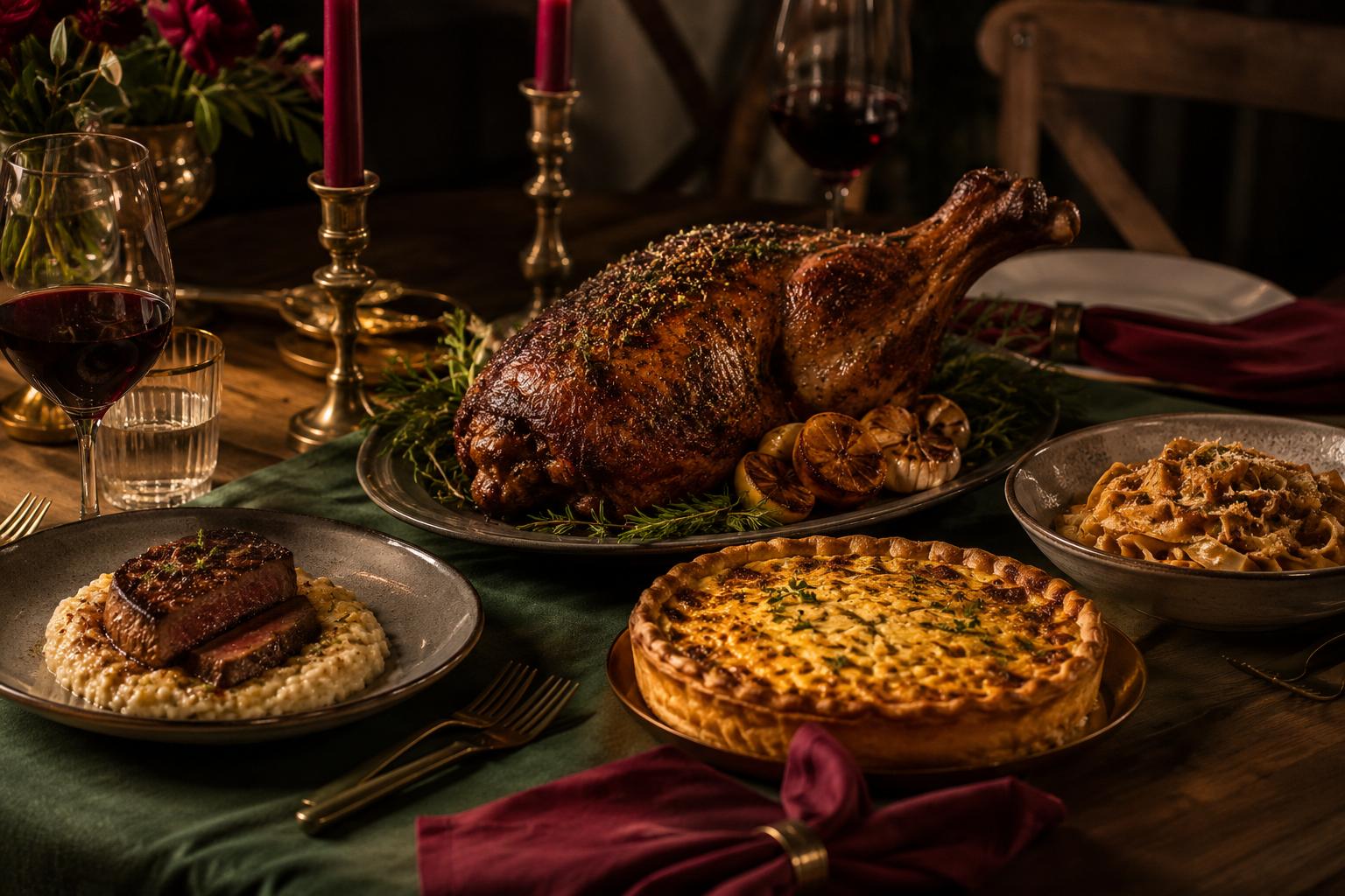 Elegant dinner party table with a whole roast lamb, seared steak and risotto, tart and pasta dishes styled with candles and linen