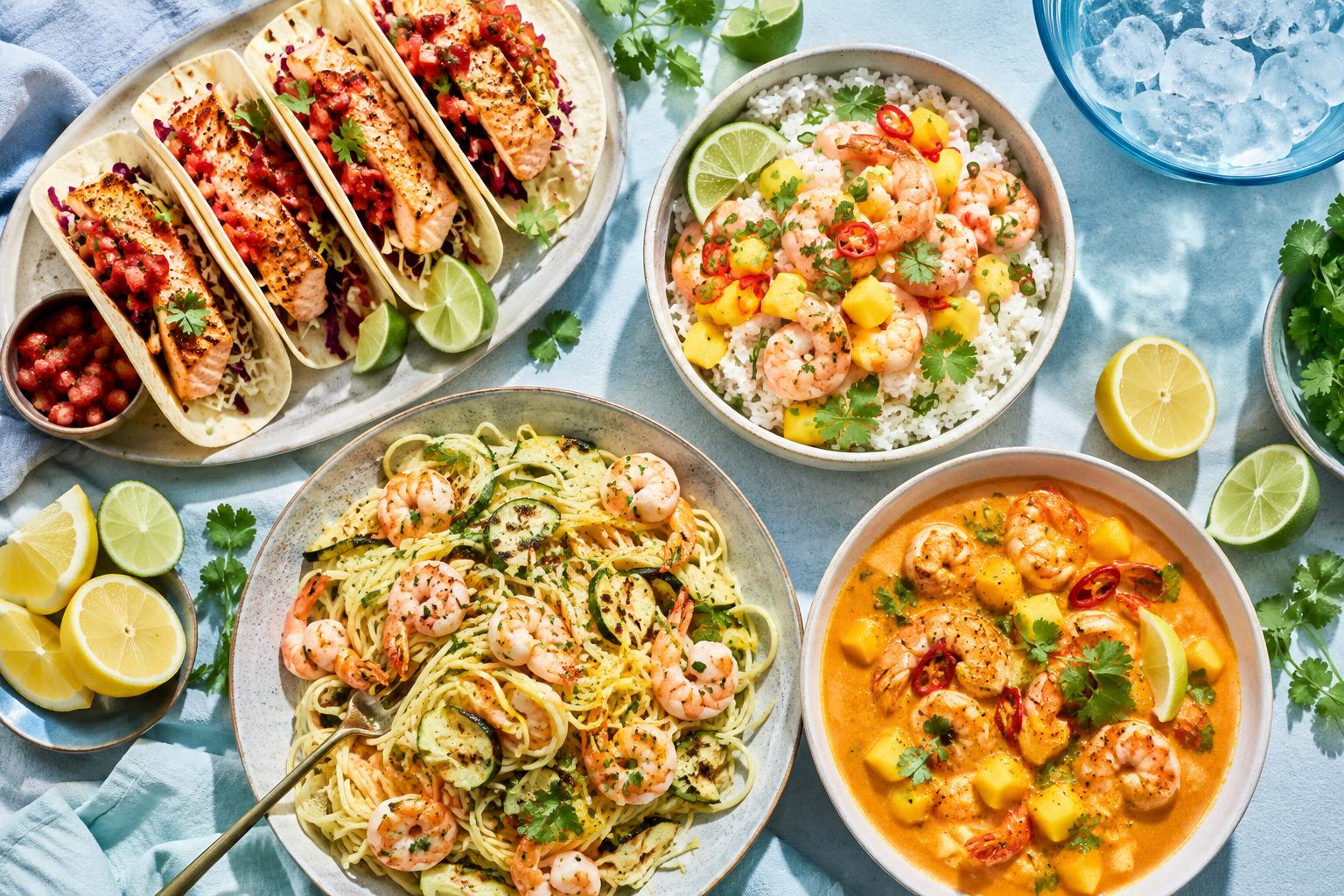 Overhead flat-lay of a fresh summer seafood spread with salmon tacos, prawn rice bowl, prawn spaghetti and mango prawn curry.