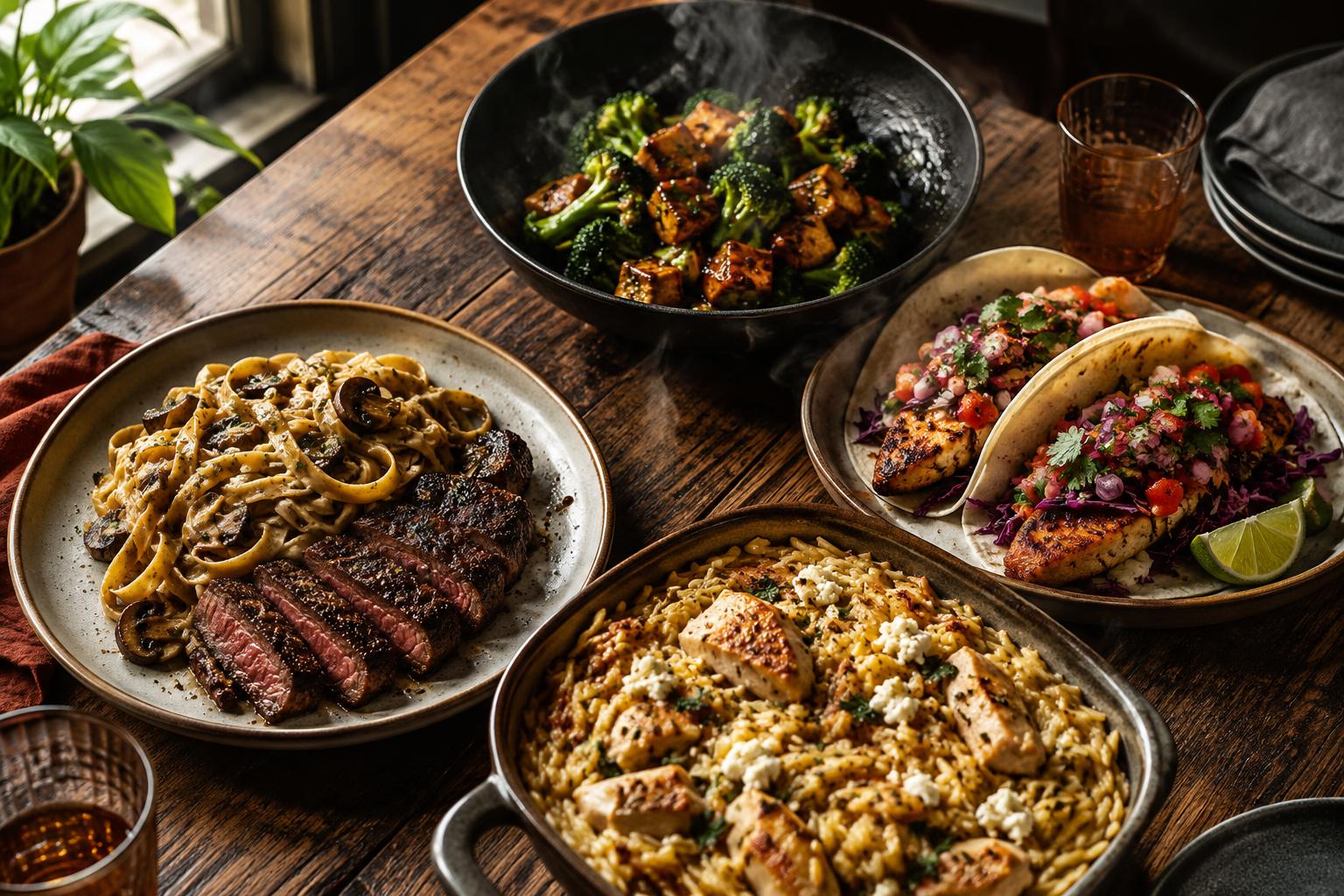 A selection of high-protein dinners including seared steak pasta, grilled salmon tacos and a chicken orzo bake, arranged on a wooden table