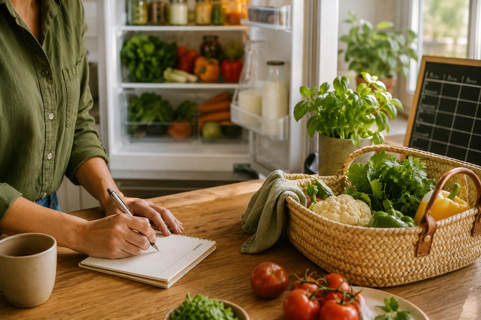 A person writing a grocery shopping list at a kitchen table next to a stocked fridge and a reusable shopping bag