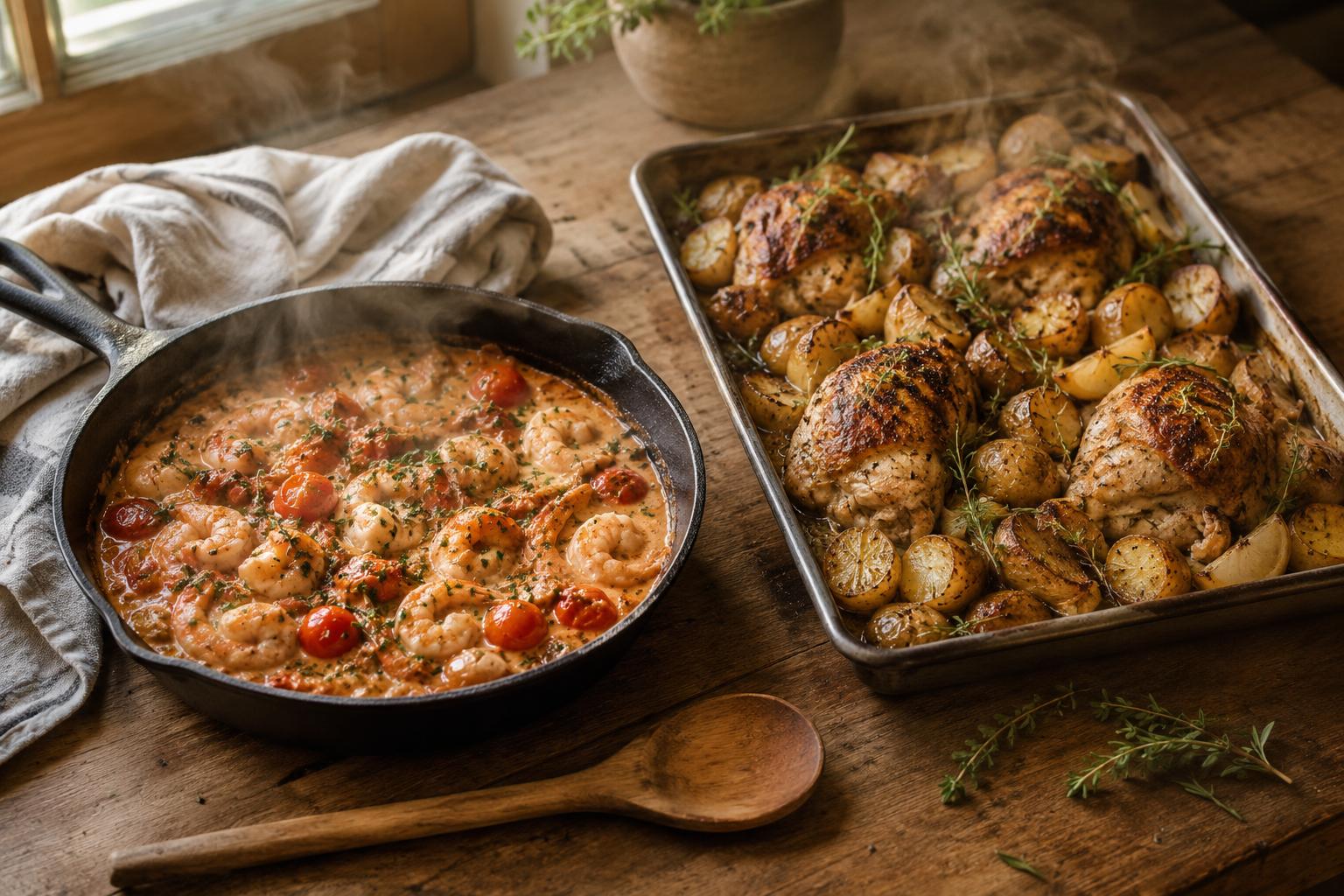 Cast iron skillet and baking tray with one pan chicken and prawn dinners on a wooden countertop