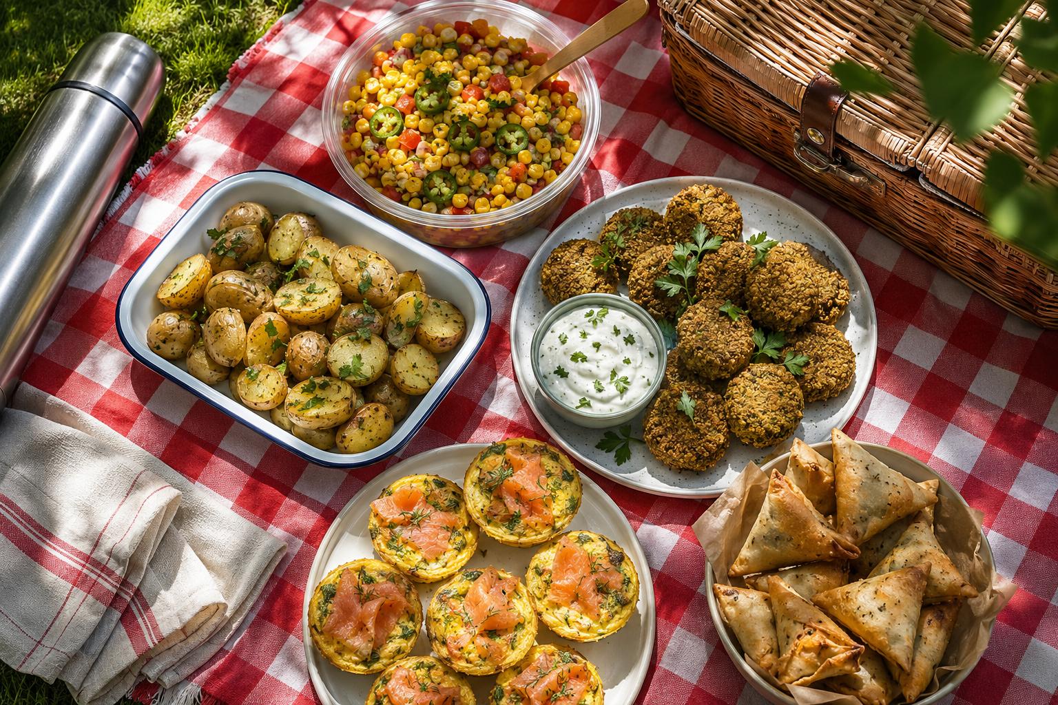 Overhead flat-lay of a summer picnic spread on a checked blanket with salsa, potatoes, falafels, muffins and samosas.