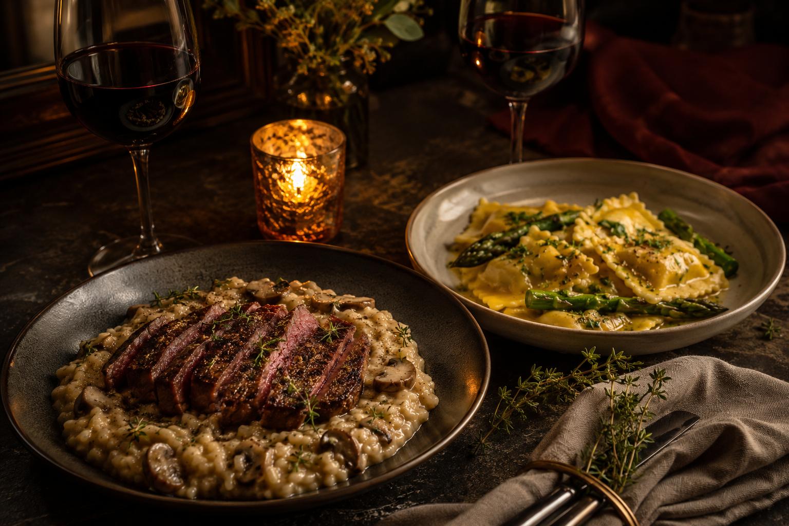 An intimate candlelit date night dinner for two with mushroom risotto, asparagus ravioli and two glasses of red wine.
