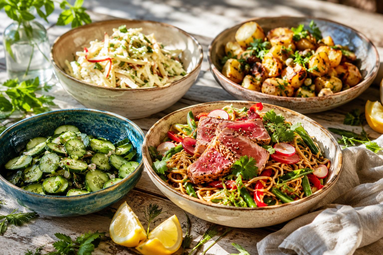 A 45-degree view of several colourful summer salads in ceramic bowls on a wooden outdoor table.